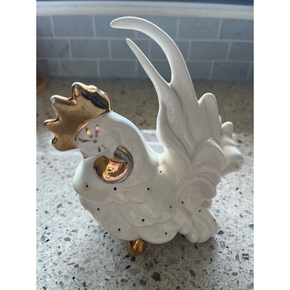 Vintage White Ceramic Rooster Figurine Gold Leaf Accents Mid Century Farmhouse